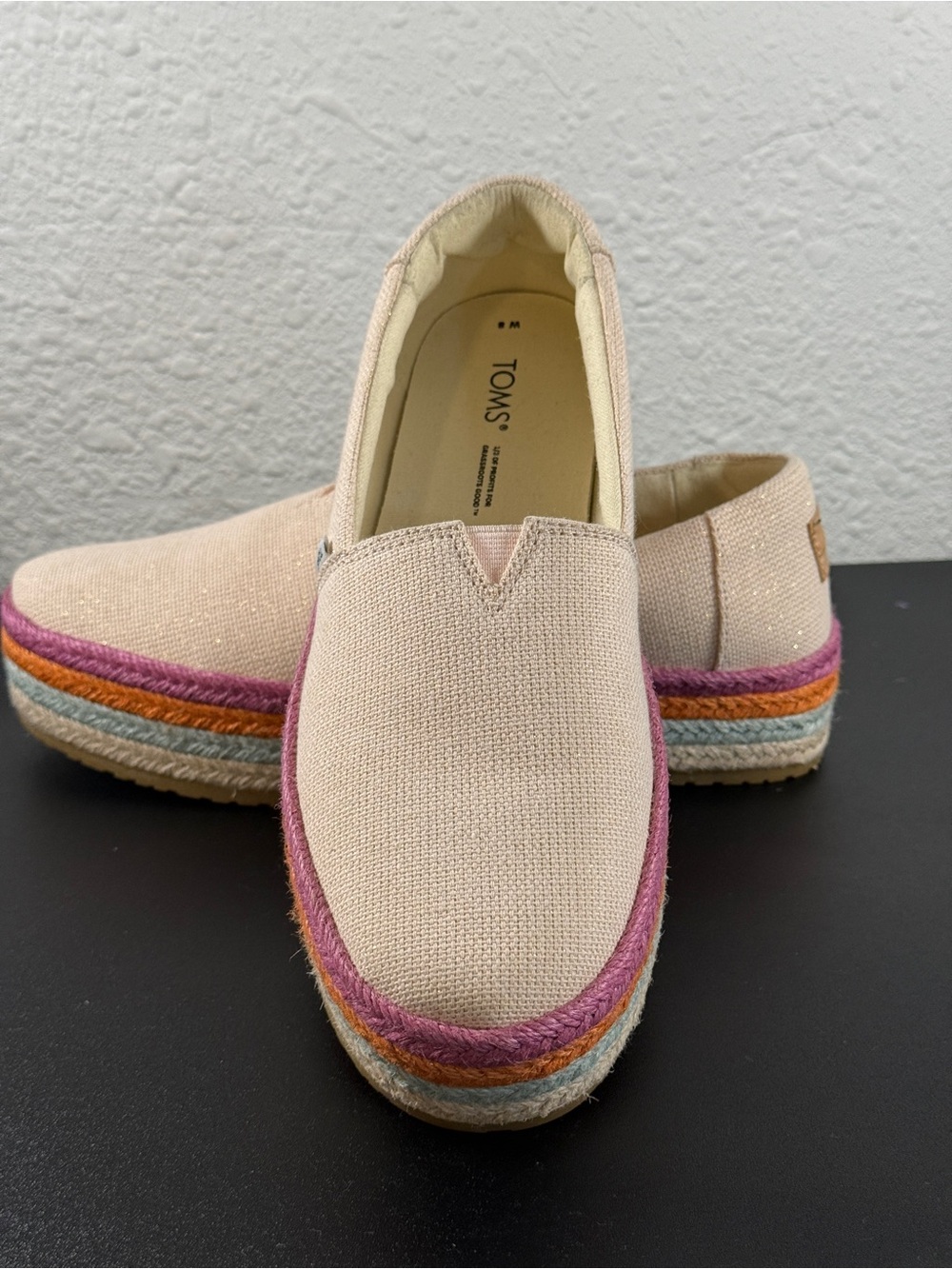 TOMS Beige Canvas Espadrille with Pink and Orange Trim